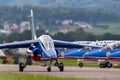 Patrouille de France, the aerobatic display team of the French Air Force Armee de lÃ¢â¬â¢Air flying Dassault-Dornier Alpha Jet E jet Royalty Free Stock Photo